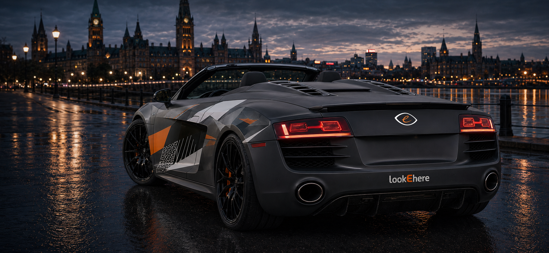 2011 Audi R8 Spyder rear bumper with lower LookEhere branding and orange E eye logo mark